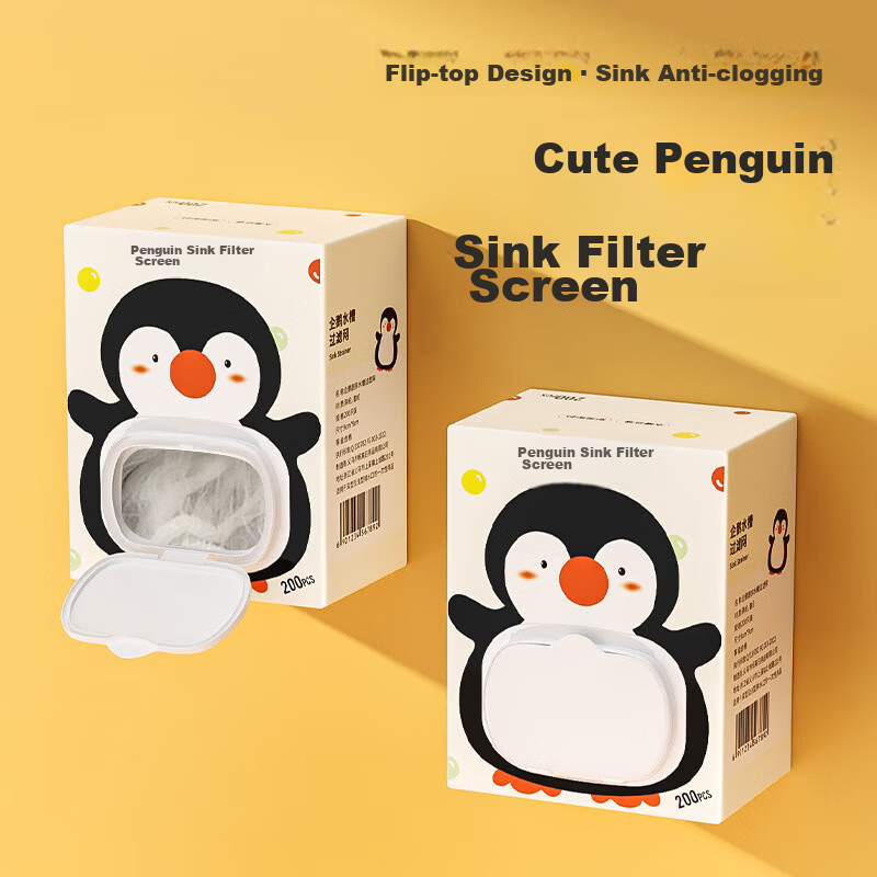 YOUAO Kitchen Disposable Sink Strainer 200pcs with Penguin Storage Box Reusable Integrated