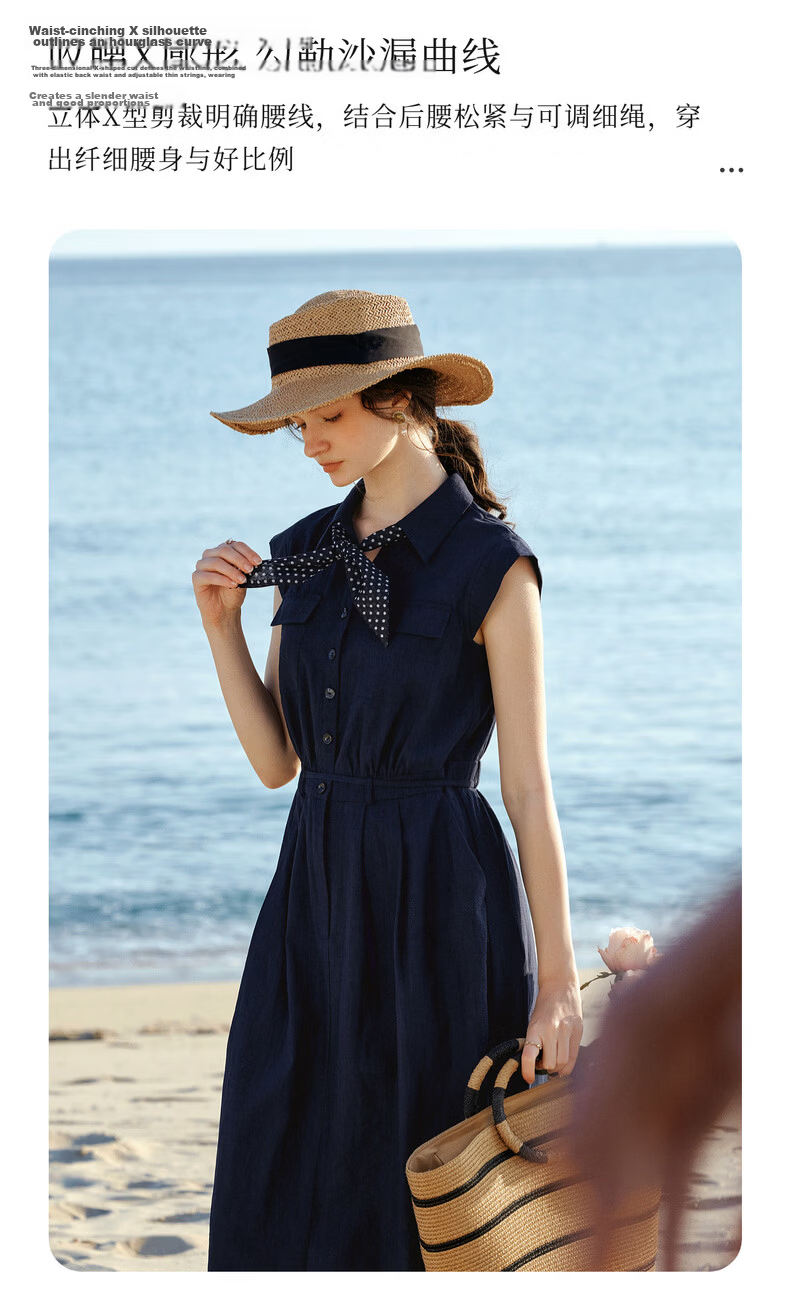 Olrain Eurier High Intelligence Style New Summer Polka Dot Scarf Design Lapel Slim Waist Dress Navy Blue M 10