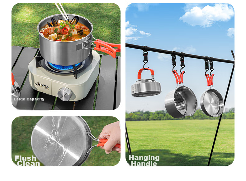 JEEP Outdoor Cookware 304 Stainless Steel Kettle Integrated Cooking Pot Set Cookware Combo (Stove Not Included) 3