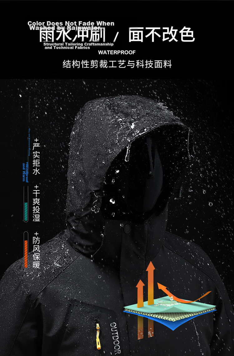 TUCANO Men's 3-in-1 Detachable Windproof Mountaineering Jacket with Removable Hood Black 4XL 7