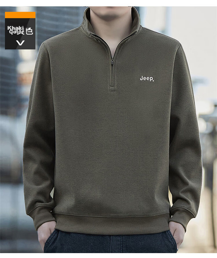 JEEP Men's Sweatshirt Spring Autumn Loose Stand Collar Long Sleeve T-Shirt Heavyweight Trendy Clothing Black L 17
