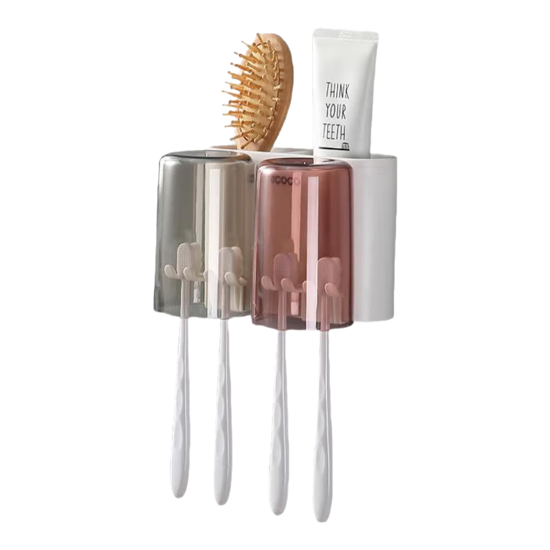 Ecoco Toothbrush Holder, No Drilling Required, Mouthwash Cup, Brushing Cup, Wall-Mounted Toothpaste Storage Rack, High-End Couple's Double Toothbrush Hanger