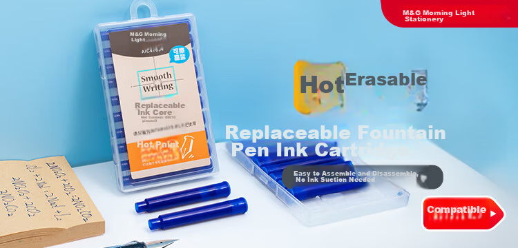 M&G Stationery Ergonomic Erasable Fountain Pen Set (Including 2 Crystal Blue Ink Cartridges + Spare Pen Grip), Elementary School Students' Posture-Correcting Thickened Back-To Writing Pen HAFP2197 Pink Handle 1
