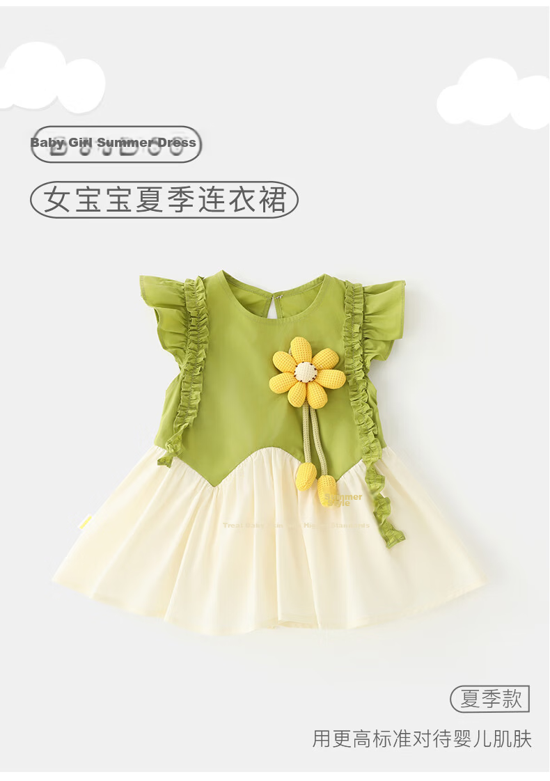 DUUDUU Kids Summer Cotton Dress Baby Sweet Flutter Sleeve Princess Dress Thin Green 90 1