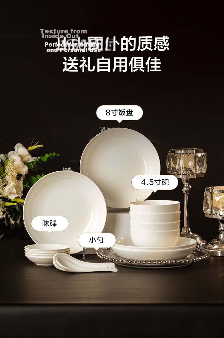 JD Original Complete Set of Bowls And Plates, Ceramic Dinnerware Gift Box for Housewarming, Embossed Fen Dan Bai Lu 76-Piece Set 11