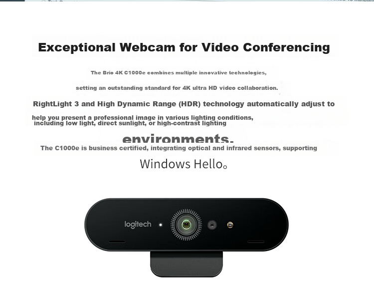 Logitech Brio 4K C1000e New Upgrade 4K RightLight Adaptive Lighting Streaming Webcam 90-Degree Wide Angle PC Video Camera 2