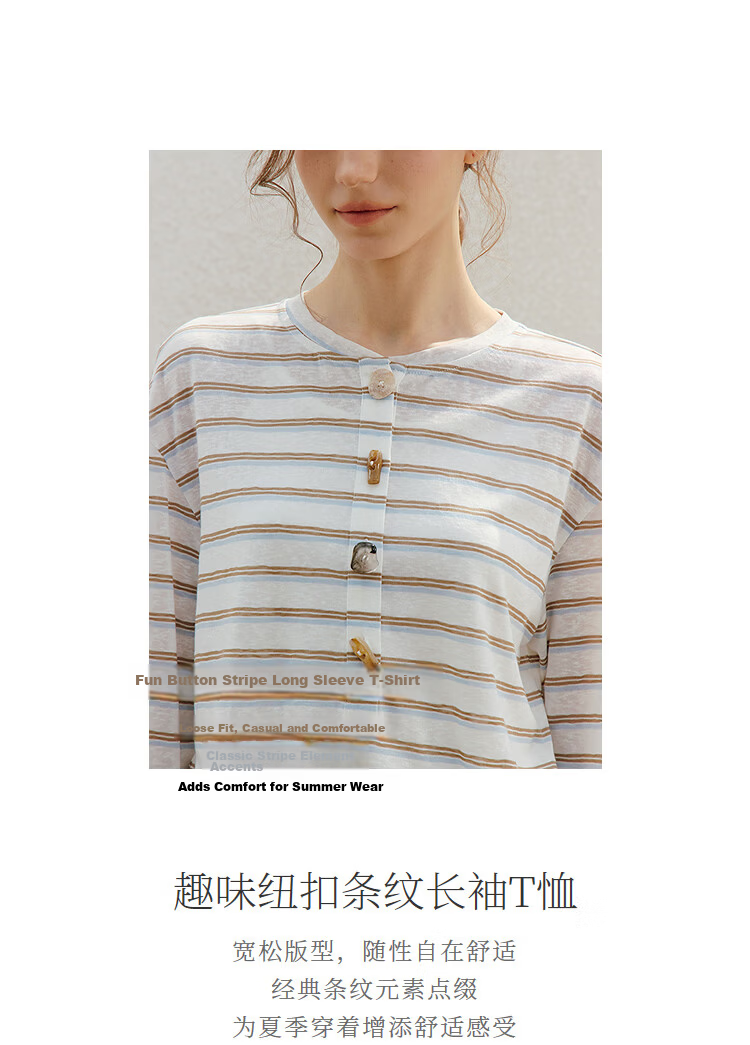 INMAN Lazy Fun Button Stripe Long Sleeve T-Shirt 26 Summer Women's New Colorblock Crew Neck Top Blue White Stripe S 3