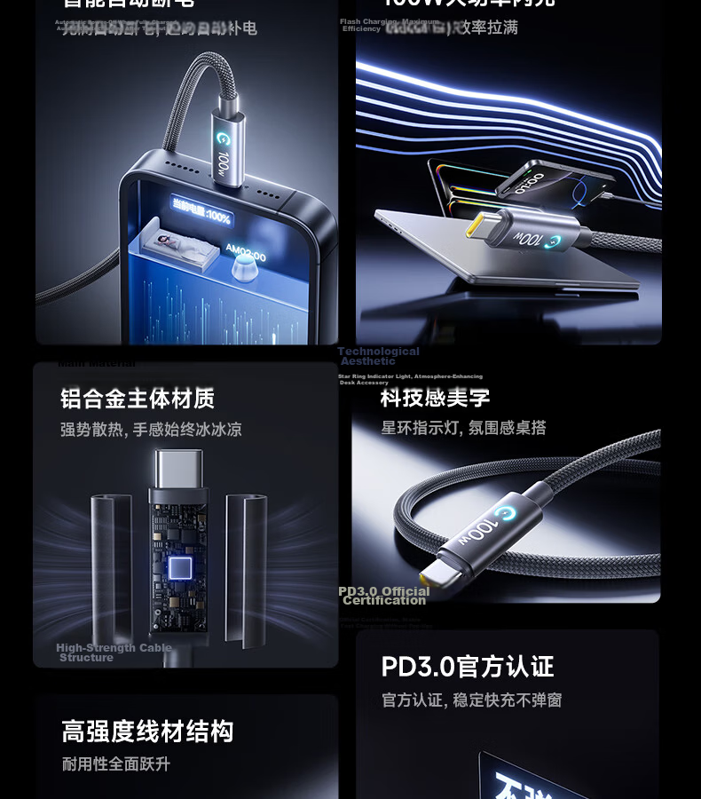Baseus Dual-Head Type-C Smart Power-Off Charging Cable PD100W Super Fast Charging Data Cable for Huawei Honor Xiaomi Apple iPhone 17/16/15 iPad Laptop 2m Blue 3