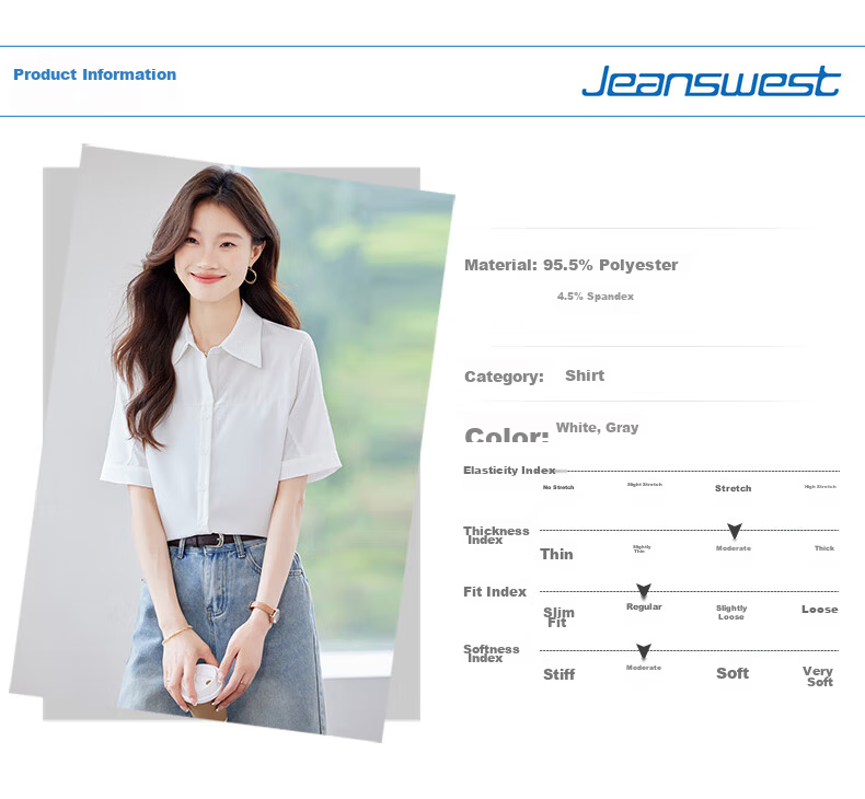 Jeanswest Women's Shirt 2026 Summer Fashion Elegant Commuter Short Sleeve Casual Versatile Top White L 7