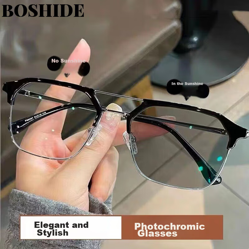 Boshide Myopia Glasses Blue Light Blocking Photochromic Half Frame Black Silver Frame [Photochromic Gray] 200° Left and Right Eye