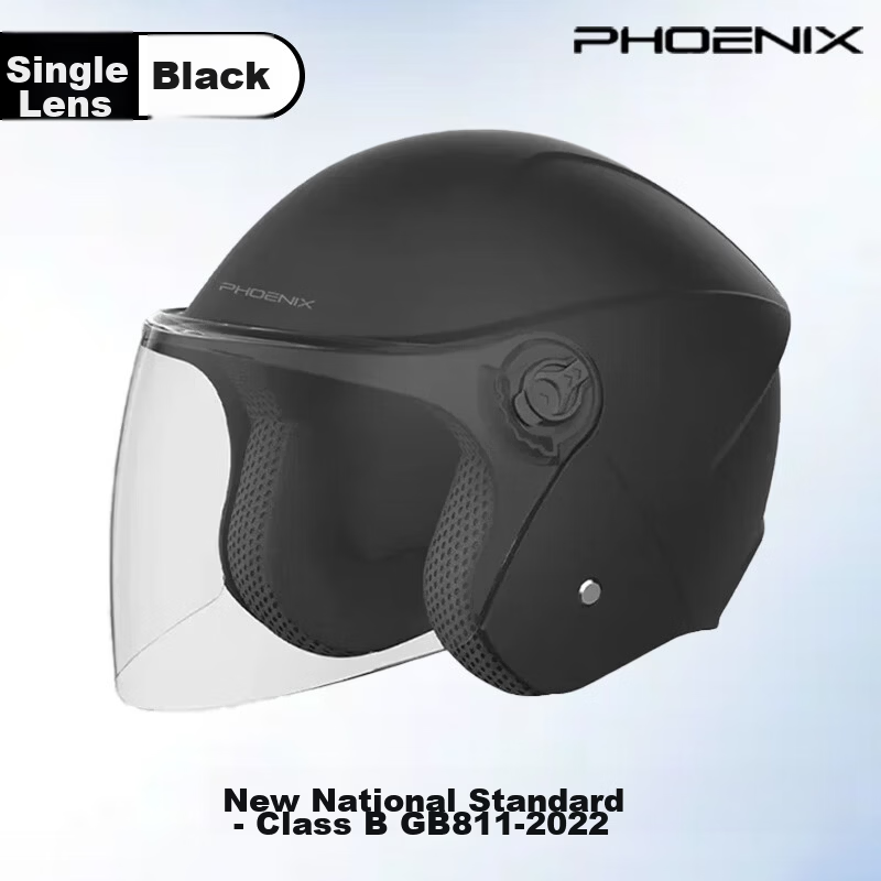 Phoenix New National Standard Electric Vehicle Helmet Dual Lens 3/4 Half Helmet Matte Black Unisex Four Seasons Electric Scooter Helmet Winter Warm Riding Safety Cap