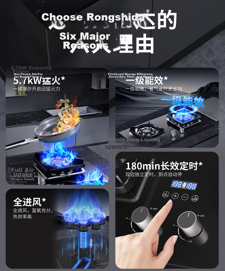 Royalstar Gas Stove Natural Gas Double Burner 5.2kW Built-in Countertop Cooker One-Key Stir-Fry Dual-Side Timer JZT-B52-A (Natural Gas) 5