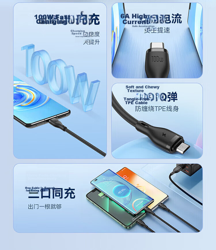 Baseus Three-In Charging Cable, Fast Charge 100W/88W, One Cable with Three Ends, Compatible with Apple Type-C, Android, IPhone 15/16/17, Huawei Mate 70, Xiaomi Phones, Car Charger, Black 7
