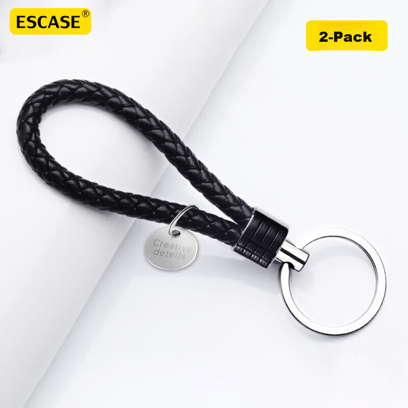 ESCASE Car Keychain Woven Leather Electric Vehicle Key Chain Lanyard Pendant for Men and Women [2-Pack] Black