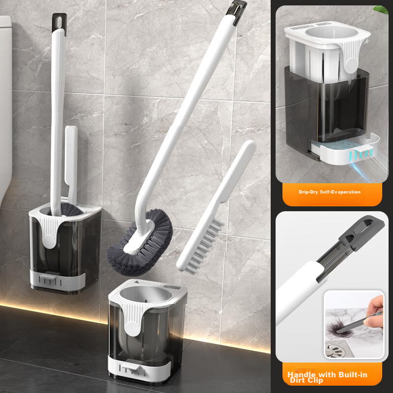 Aimeiya Toilet Brush Set with No Dead Angle Gap Brush, Draining Wall-Mounted Bathroom Toilet Brush Set with Tweezers, Long Handle Toilet Cleaning Kit