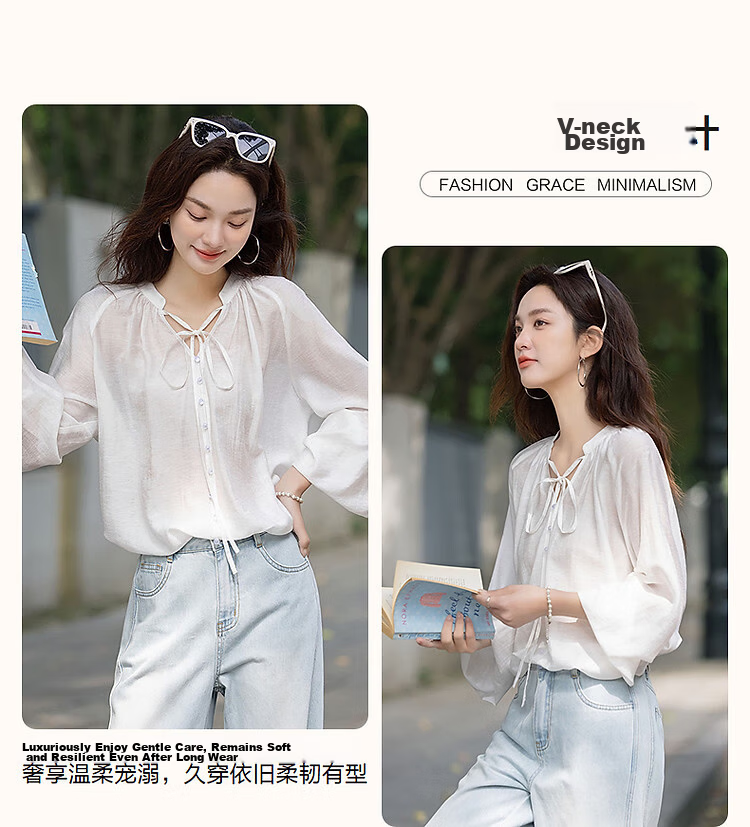Demana [Simple Life] Spring and Autumn Lightweight Oxygen Linen Lyocell Blend Elegant V-Neck Ribbon Pocket Sleeve Women's Shirt 6
