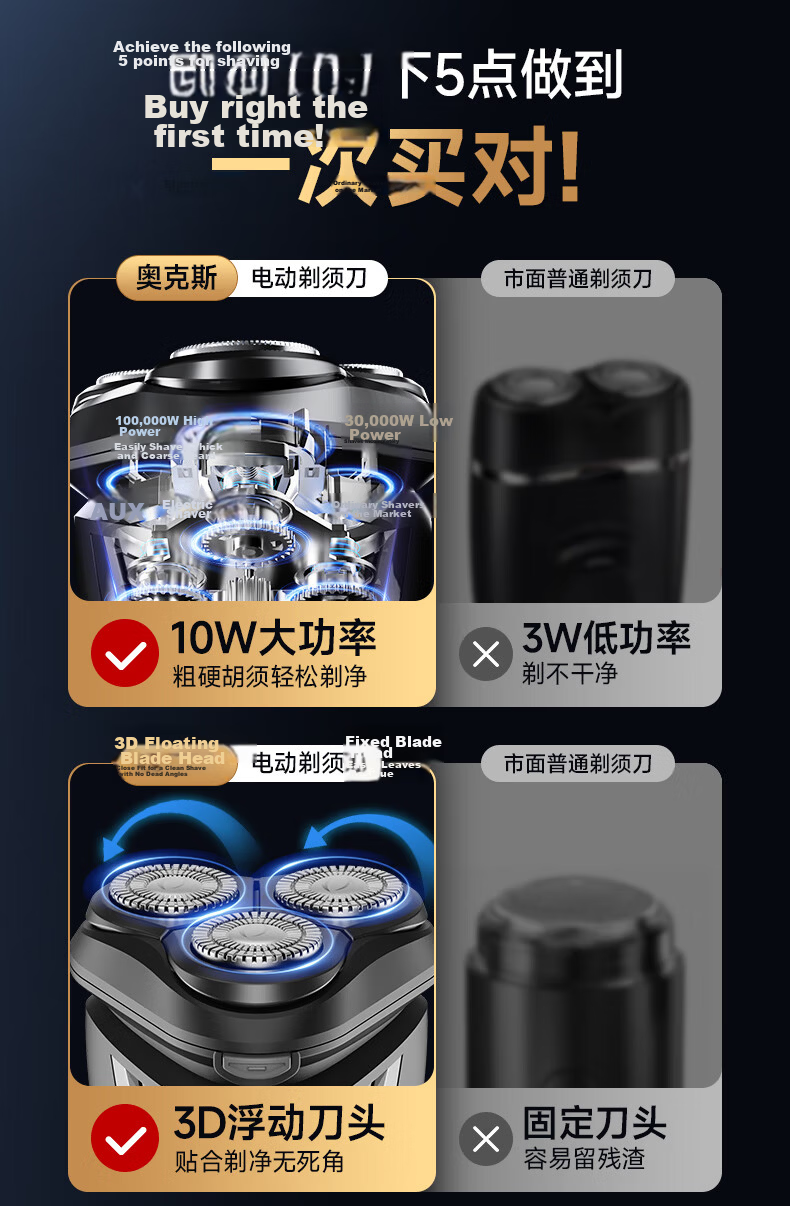 AUX Electric Rotary Shaver for Men, Waterproof Wet and Dry Dual-Blade Electric Razor, Gift for Husband 2