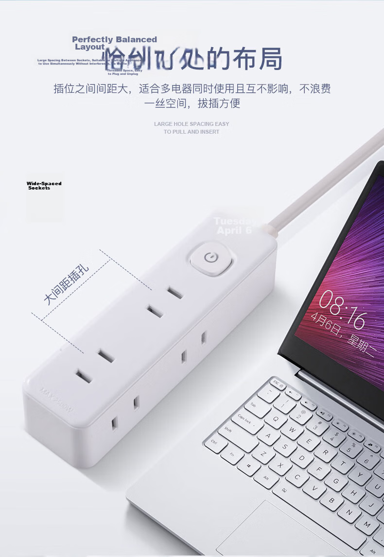 Cici Ultra-Thin Flat Head Mini Power Strip Wall-Mounted Two-Prong Adapter Mini Compact Student Dormitory Home Extension Cord [2-Prong Plug] 6 Outlets 1.8m Cable X003 7