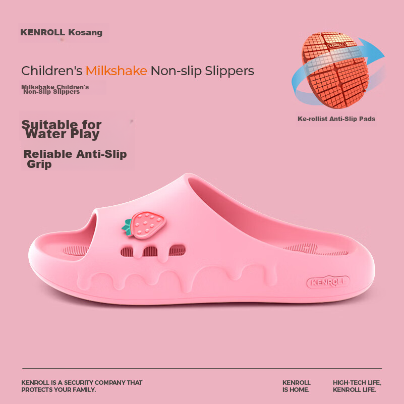 KENROLL Kids Non-Slip Slippers Home Casual Boys Girls Bathroom Shower Sandals Strawberry Pink Size 31-32 (205mm)