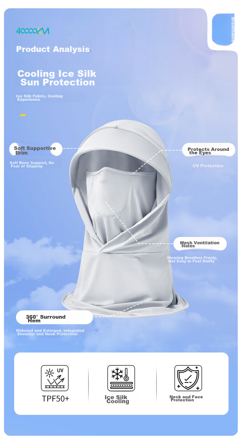 40,000 KM Summer Sunscreen Face Mask for Women UV Protection Neck Guard Cycling Breathable Light Gray Two-Piece Set 3