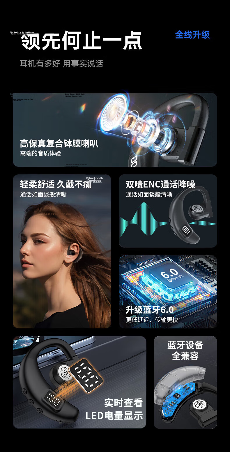 OKSJ New Upgrade Bluetooth Ear Hook Wireless Bone Conduction Single Ear Clip Non-In-Ear Sports Running Headset for Android and Apple Phones 2