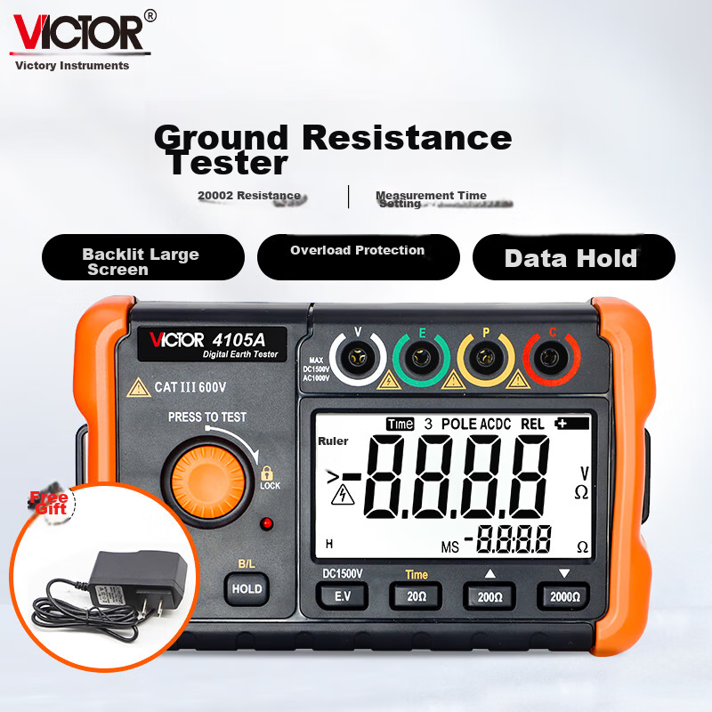 VICTOR Lightning Protection Ground Resistance Tester VC4105A Digital Earth Resistance Meter with Power Adapter