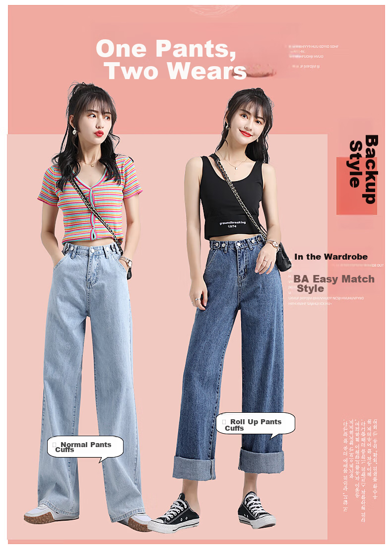 Jeanswest Women's Summer Thin High-Waist Wide-Leg Slim Straight-Leg Light Blue Jeans M 2