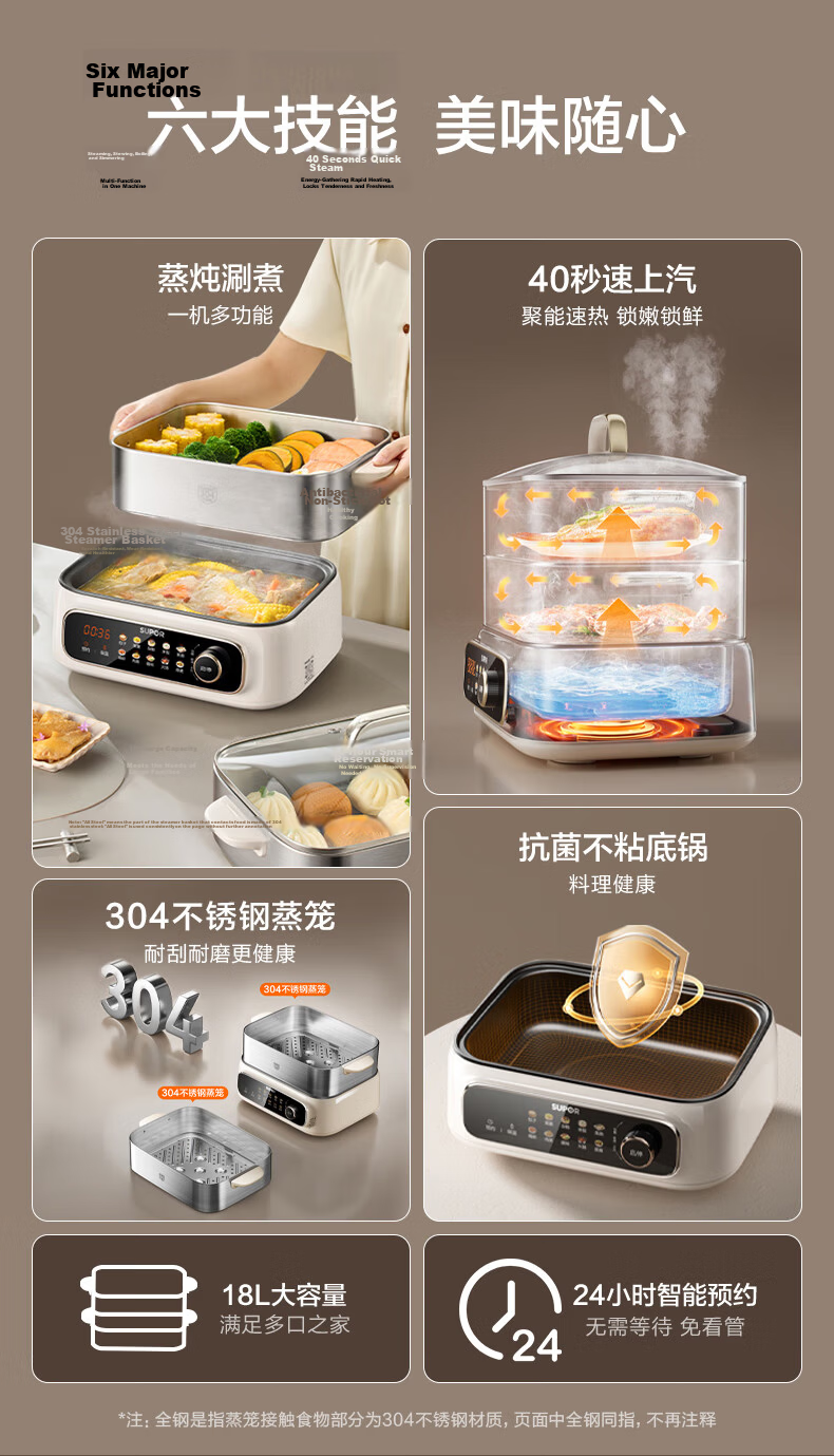 SUPOR Electric Steamer Pot, All-In Stewing And Steaming, Non-Coated Stainless Steel Bottom Electric Cooking Pot, Electric Hot Pot, Multifunctional Smart Home Electric Cooker, 10-Liter Versatile Pot ZN23FC860 3