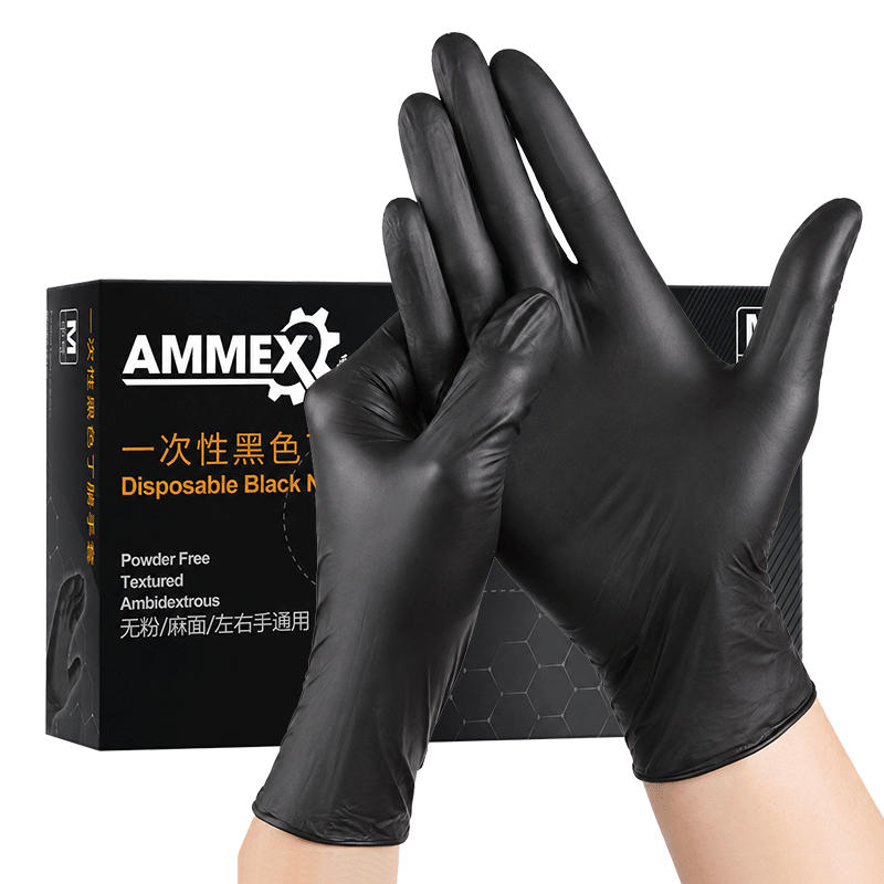 AMMEX Disposable Nitrile Gloves, Thickened And Durable, Oil-Resistant, Acid And Alkali Resistant, for Industrial Repair And Laboratory Use, 100 Pieces/Box, Black GPNBC, M Size