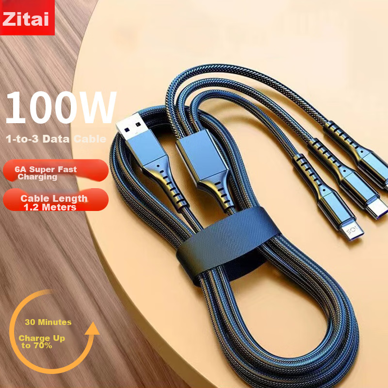 Zitai 1.2m Super Fast Charging 3-in-1 Data Cable 100W/6A Huawei Type-C Mobile Phone Mini Fan Charging Cable for Apple iPhone 17/16/15 Xiaomi One-to-Three
