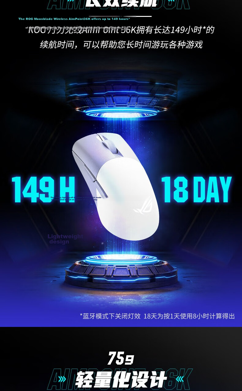 ROG Moonblade Wireless AimPoint 36k Sensor Moonblade AP Wireless/Bluetooth Gaming Mouse ROG Handheld Mouse RGB 75g Lightweight Moonlight White 7
