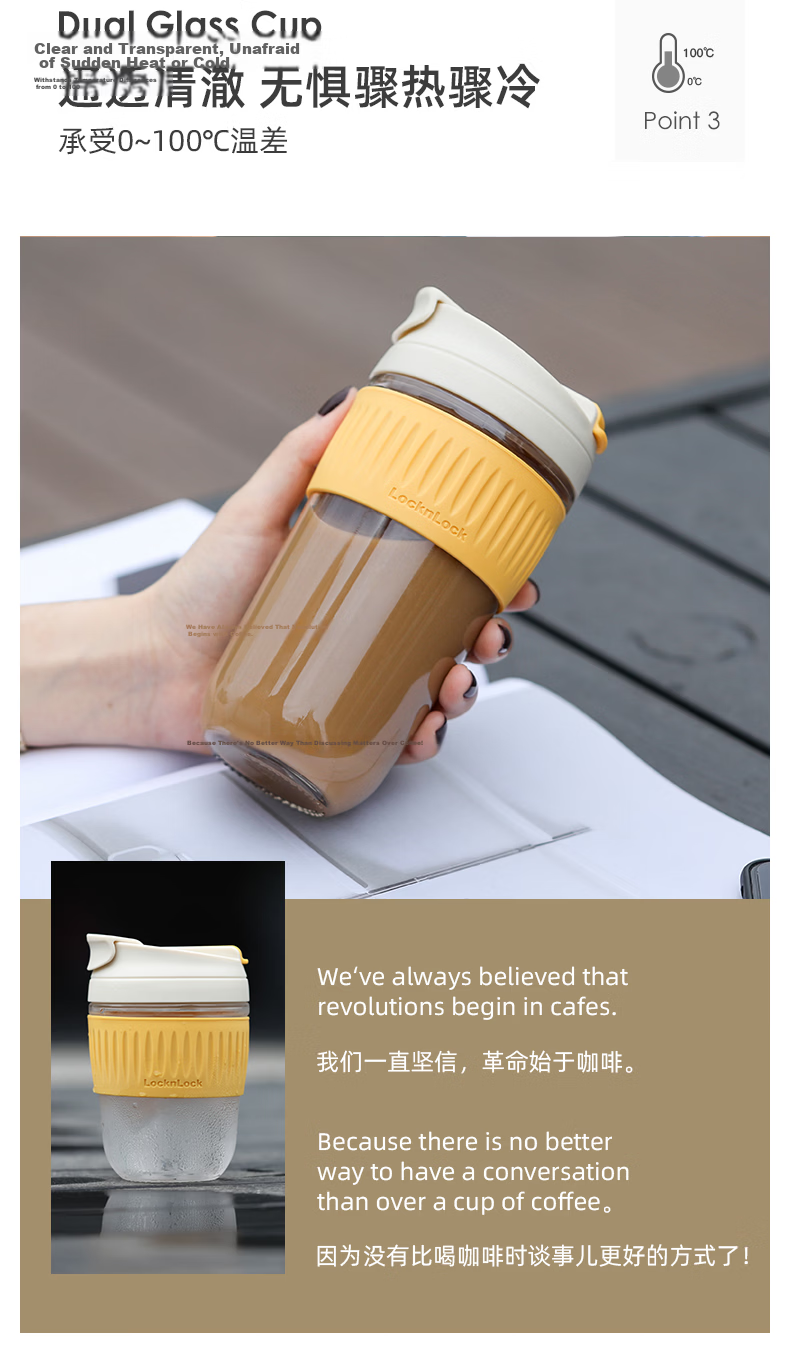 LOCK&LOCK Coffee Mug Heat-Resistant Glass Water Cup for Men And Women Students, Portable Dual-Drinking Straw Cup, Handheld Cup 500ML Gree 7