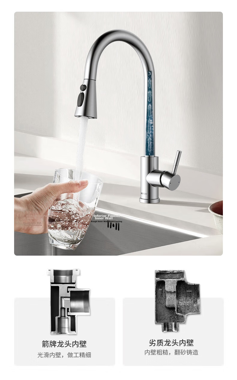 ARROW Kitchen Faucet Hot and Cold Three-Function Pull-Out 360° Rotatable 304 Stainless Steel Kitchen Tap AE45300P 13