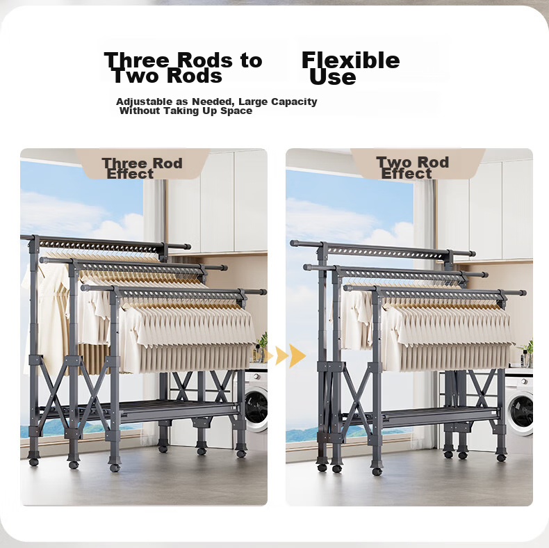 Zenggao Floor Folding Telescopic Clothes Drying Rack Indoor Balcony Home Use Three Rods Champagne Gold Large Three Rods 4