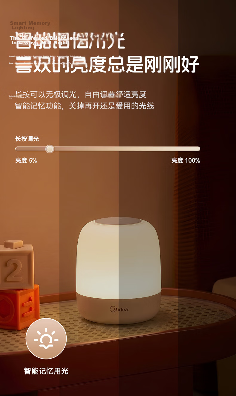 Midea Bedside Night Light Wall Lamp Bedroom Sleep Rechargeable Wall-Mounted Dormitory Magnetic Moonlight 3000mAh 3