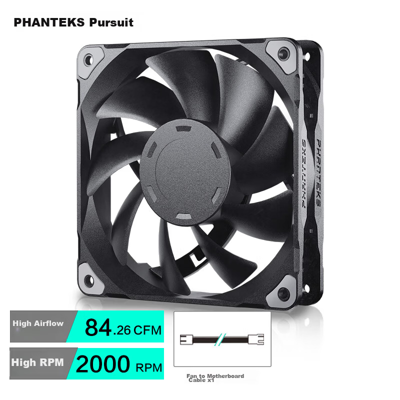 PHANTEKS M25 Black 12cm PWM Controlled Water Cooling Case Fan with Silent Hydraulic Bearing, 4-Pin Daisy Chain, Noise Reduction Anti-Vibration Pads, 2000 RPM