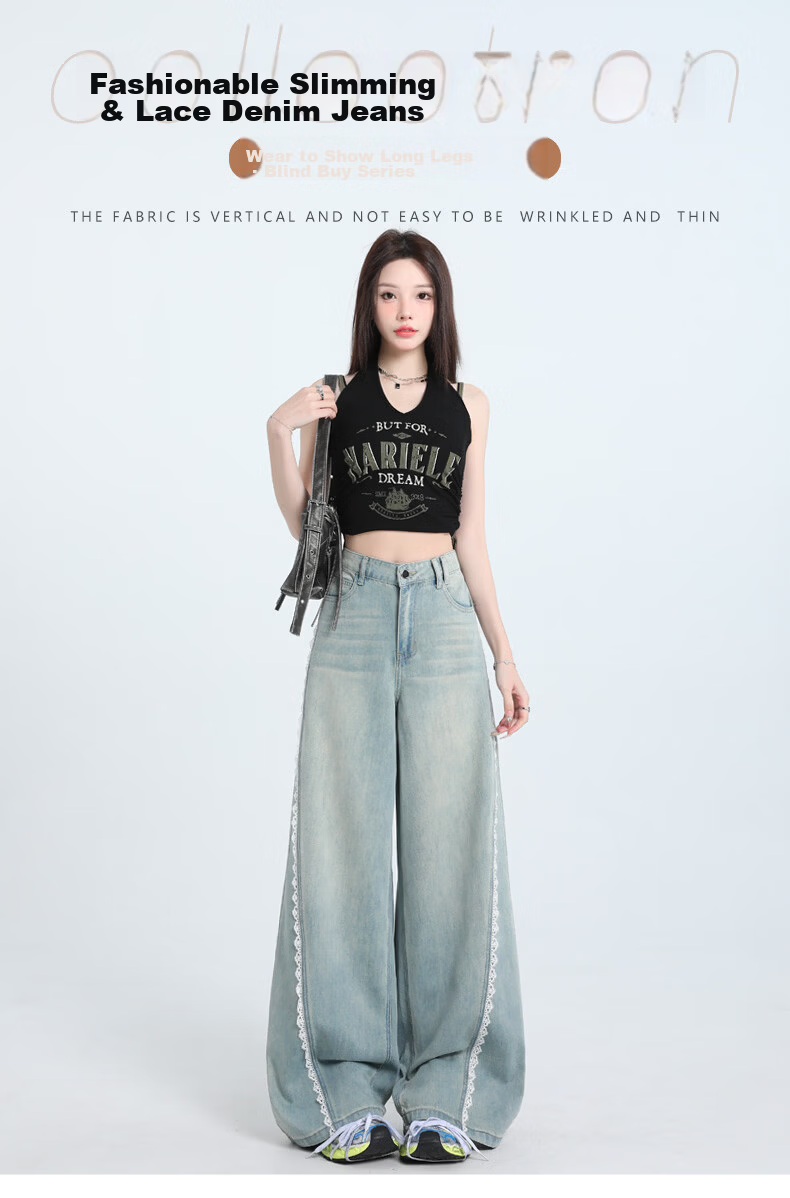 Jeanswest Women's Jeans 2026 Summer Retro Washed Light Lace Trim High Waist Washed Wide Leg Pants Light Blue M 1