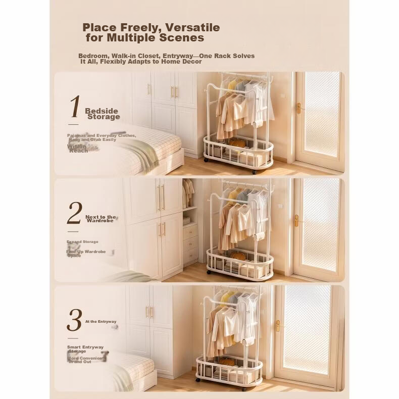 HaixiFang Floor Coat Rack with Wheels Cat Ear Design Double Rod 80cm White for Bedroom Balcony Small Spaces HL22 2