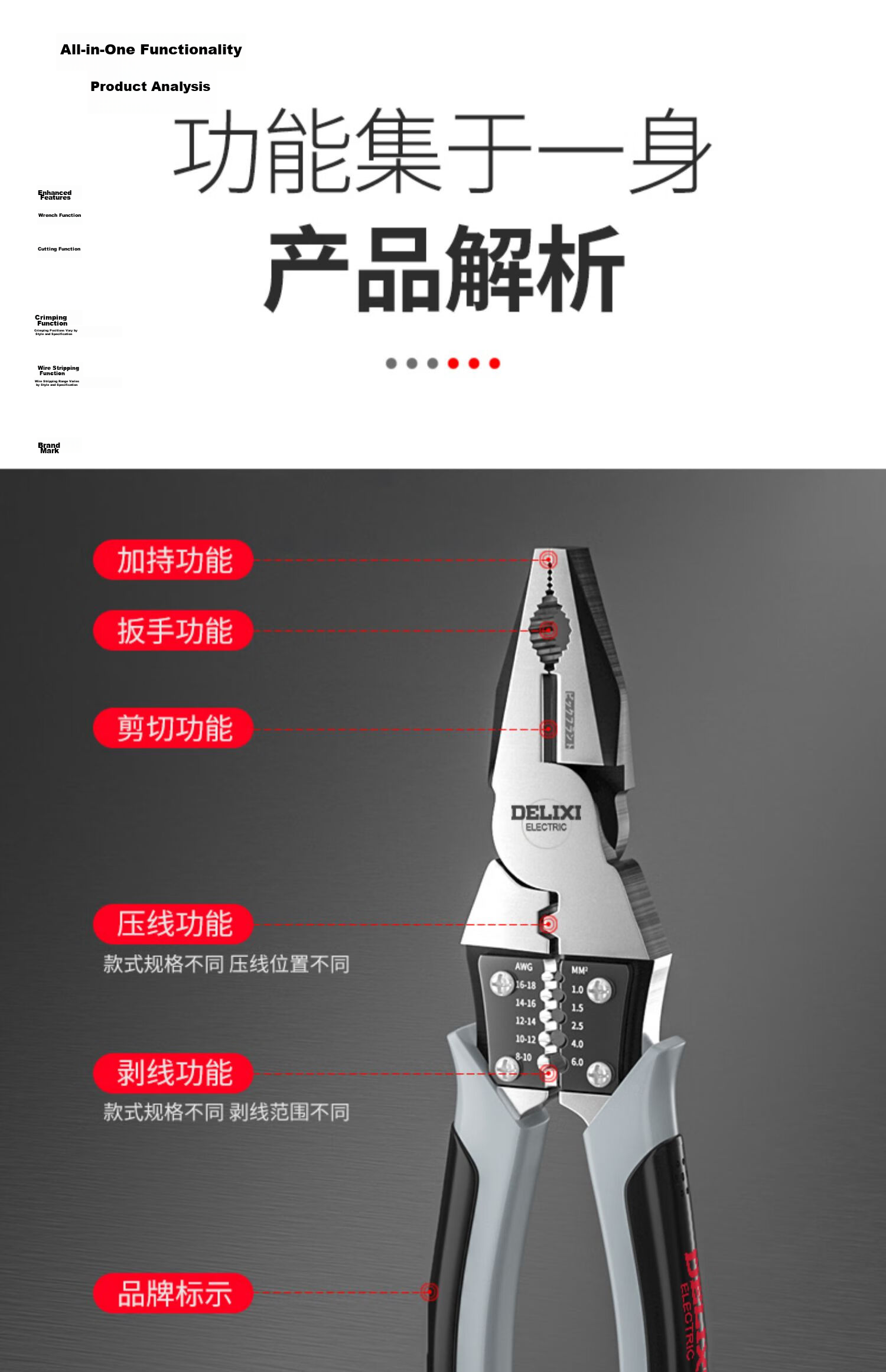 Delixi Multifunctional Steel Wire Pliers, Tongue Pliers, Needle Nose Pliers, Diagonal Cutting Pliers, Electrician Wire Stripper and Cutter Pliers 12
