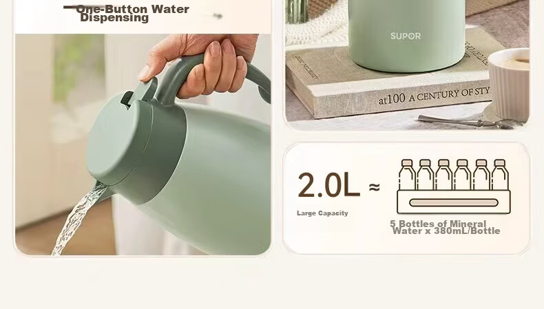 SUPOR Insulated Bottle, Large Capacity for Home Use, 316L Stainless Steel Vacuum Thermos, Hot Water Kettle, Warm Pot, Boiling Water Bottle, Gree 3