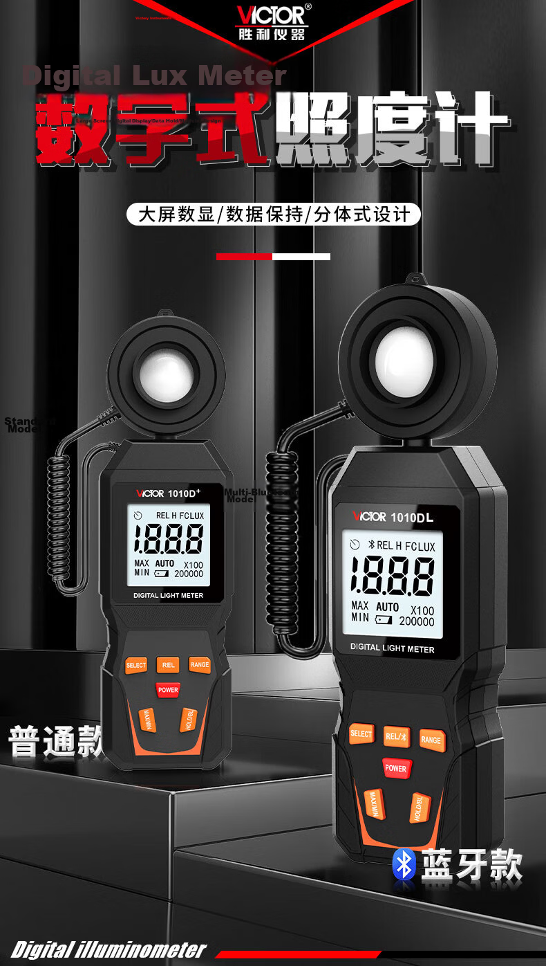 VICTOR Digital Illuminance Meter, Split-Type Light Meter, Brightness Meter, Illuminance Measuring Instrument, High Precision, VC1010D+ 1