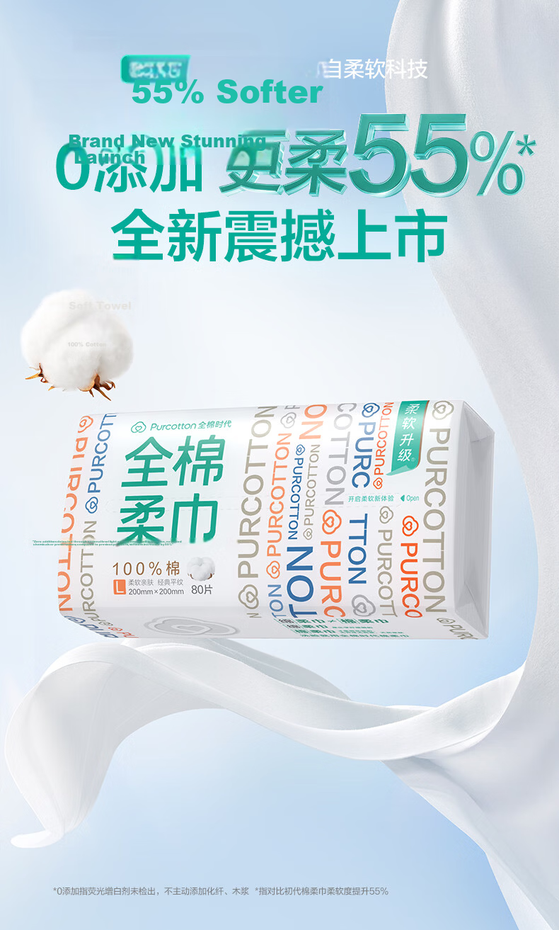 PurCotton Disposable Facial Wipes JD Self-Operated Pure Cotton Thickened Soft Towels 60g 8 Packs 2
