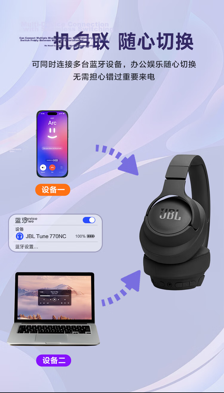 JBL TUNE770NC Over-Ear Wireless Bluetooth Headphones ANC Active Noise Cancelling Long Battery Life Universal for Phone Music Gaming White 12