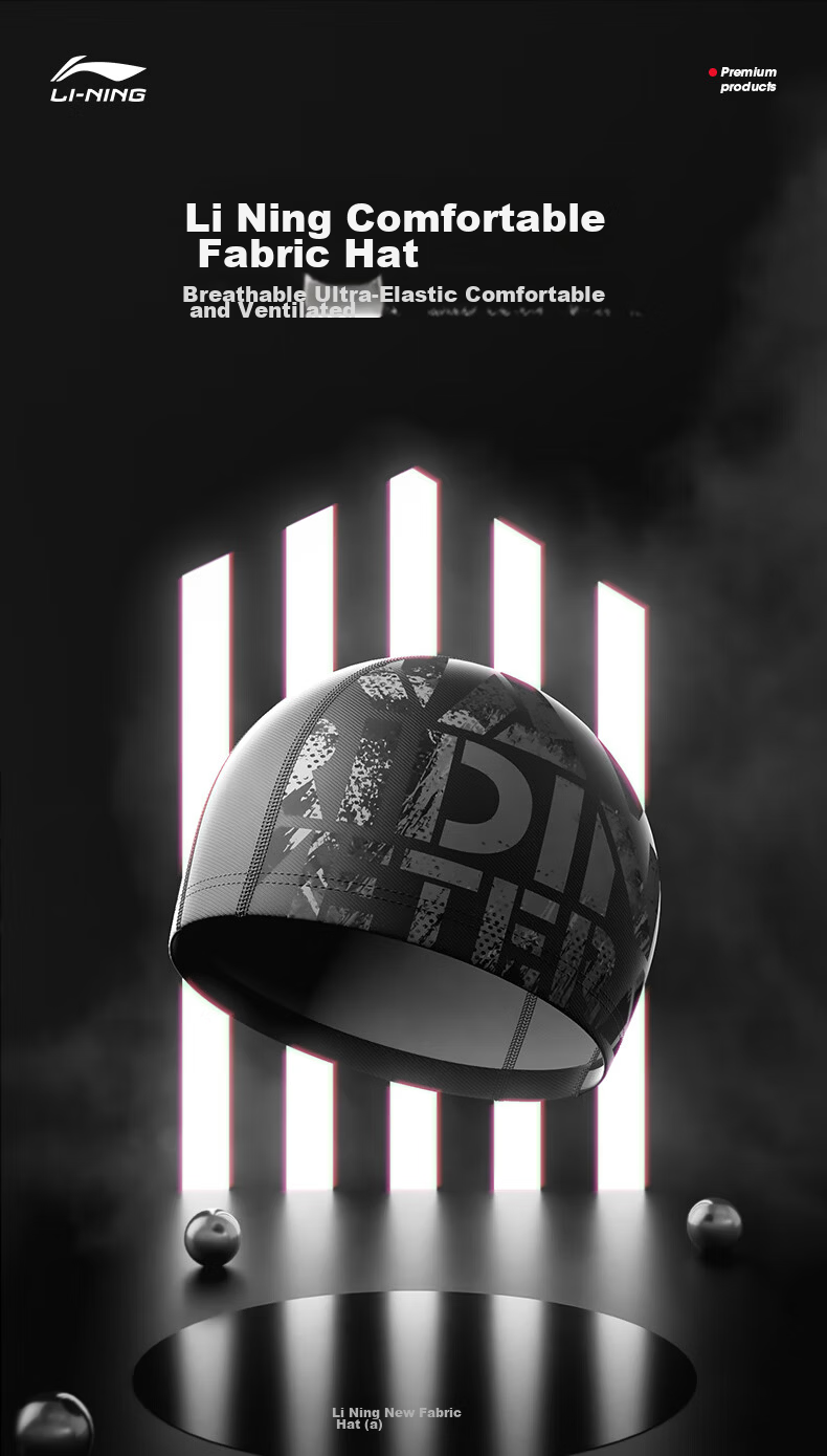 LI-NING Swim Cap Unisex Long Hair Comfortable Fabric Ear Protection Non-Tight Printed Swim Cap 6631 Black 1