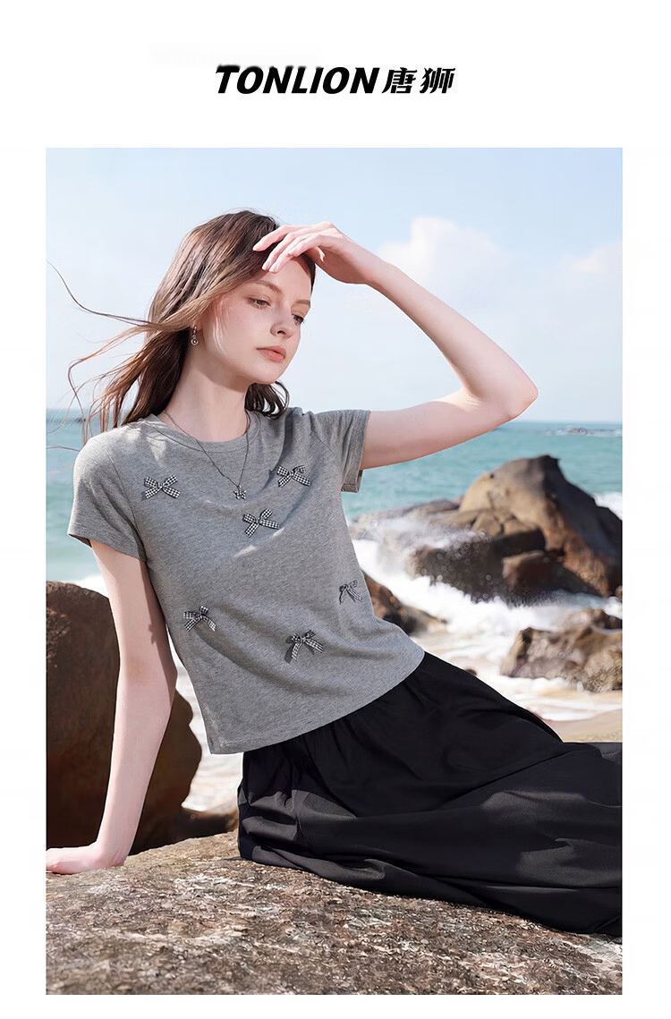 TonLion 2026 Summer New Short Sleeve T-Shirt for Women Black Bow Design Casual Early Spring Youthful Style 13