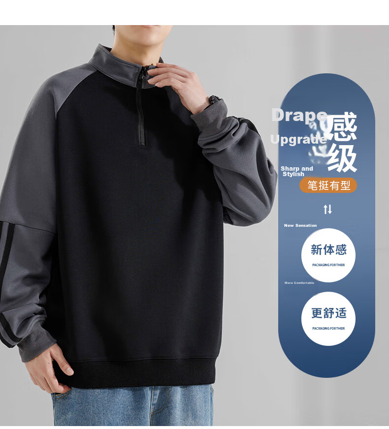 MMOPTOP American-Style Half-Zip Sweatshirt for Men, Spring And Autumn Season, Contrasting Color Raglan Sleeve, Loose Casual Top, 8905 Navy Blue L 3