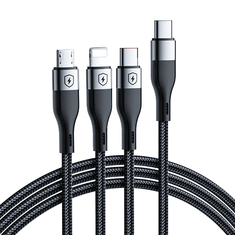 3-in-1 Fast Charging Cable Type-C to Apple Huawei Oppo Xiaomi Vivo Android Phones 1m Black
