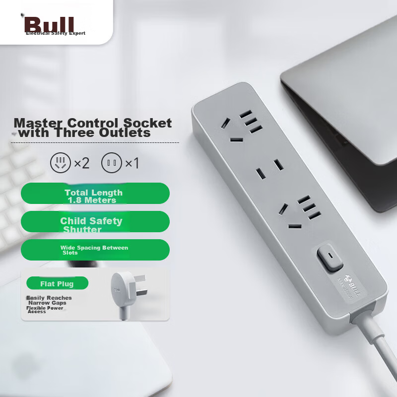 BULL Power Strip/Extension Cord/Socket Board/Surge Protector 3-Socket Master Switch 1.8m Z Generation GN-Z1121J