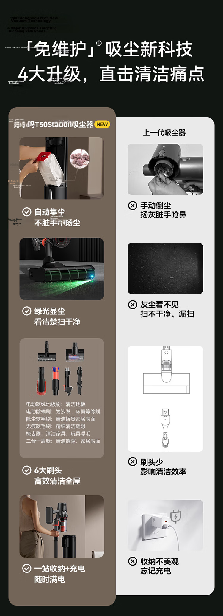 Deerma T50station Cordless Handheld Vacuum Cleaner with Self-Emptying Dustbin, 270AW Suction Power, 90-Minute Runtime, Anti-Tangle, 90-Day Maintenance-Free 3