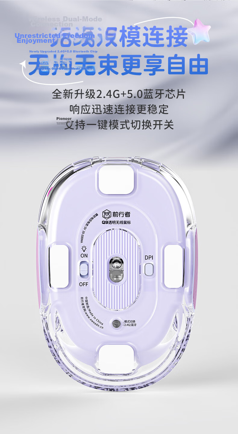 EWEADN Q9 Xiao Doudou Wireless Bluetooth Dual-Mode Transparent Mouse, Rechargeable Gaming Mouse for PC And Laptop, Low-Profile Lightweight RGB Lighting Effects, Rouge Pink 5